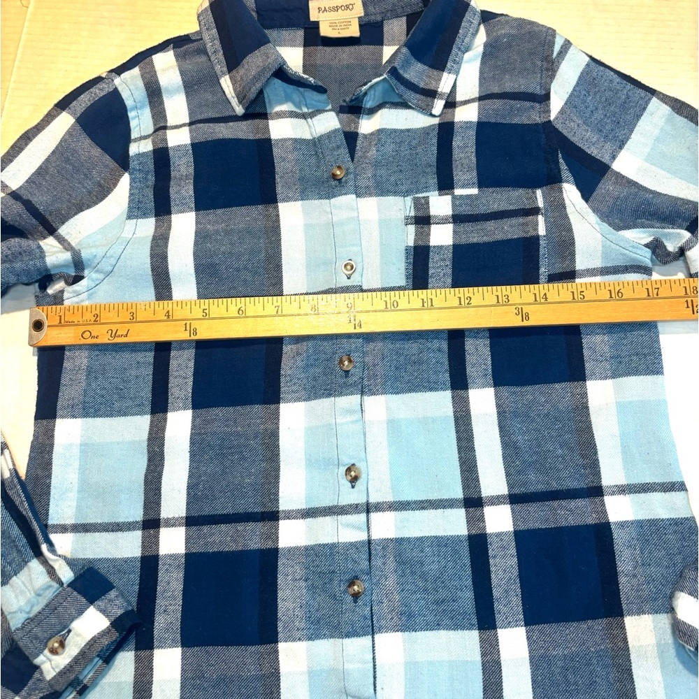 Passport Plaid Flannel Shirt Roll Tab Sleeve Blue Junior Size L or Womens Size S - Picture 4 of 9